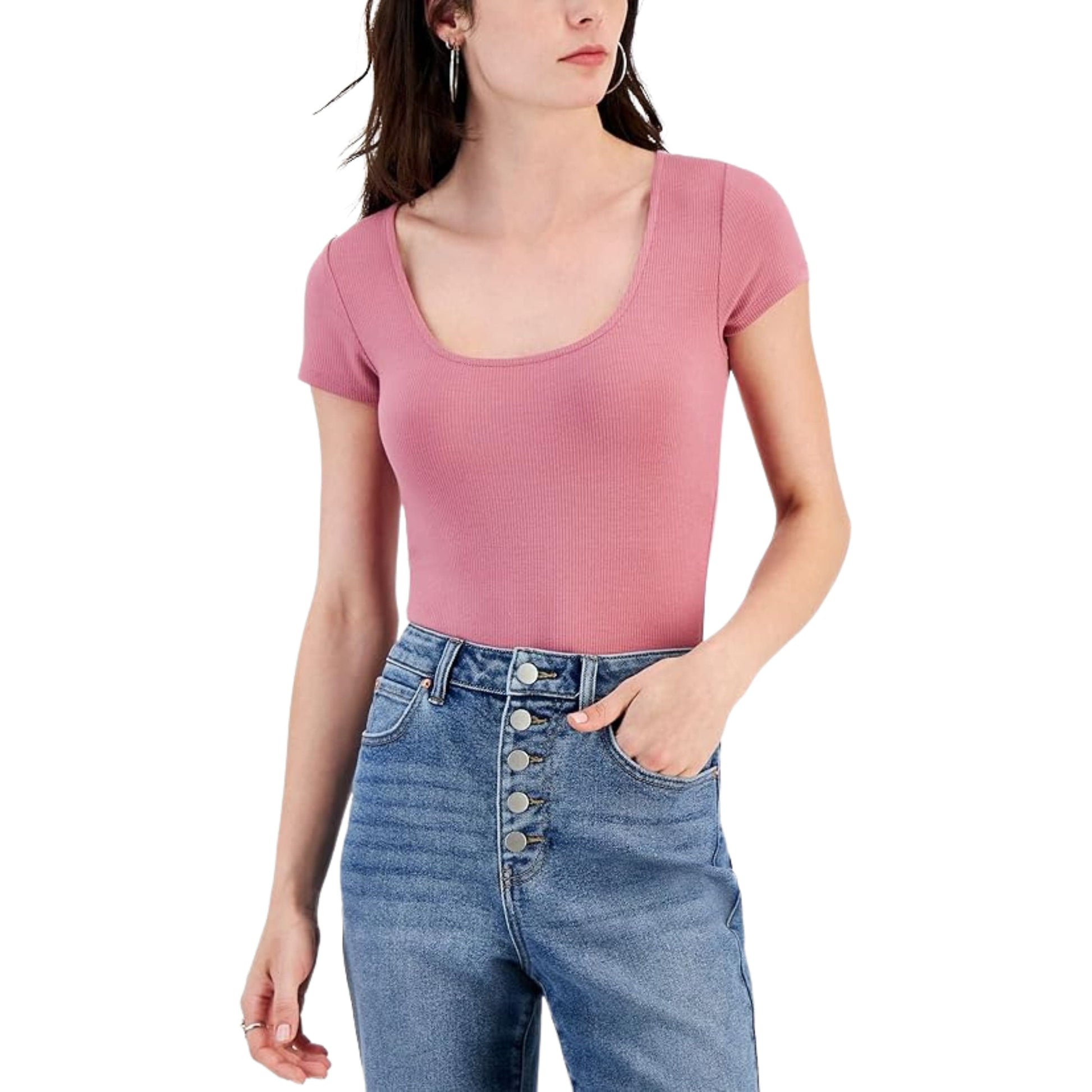 SELFIE Womens Tops M / Pink SELFIE -  Square-Neck Ribbed Bodysuit