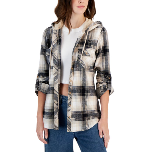 JUST POLLY - Plaid Sherpa Hooded Button-up Shacket