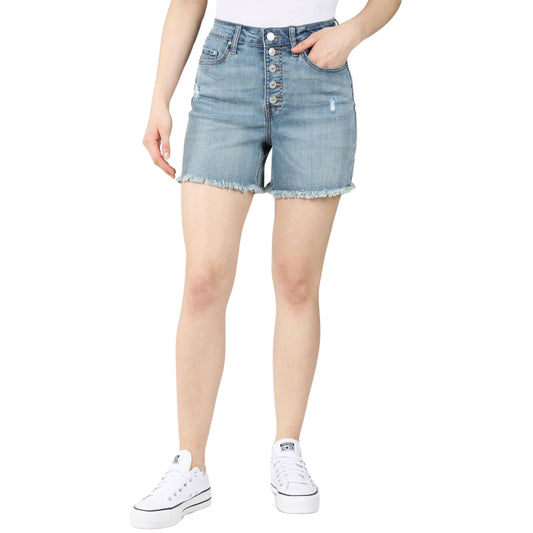 INDIGO REIN - Light-Wash Ultra-High-Rise Cutoff Shorts