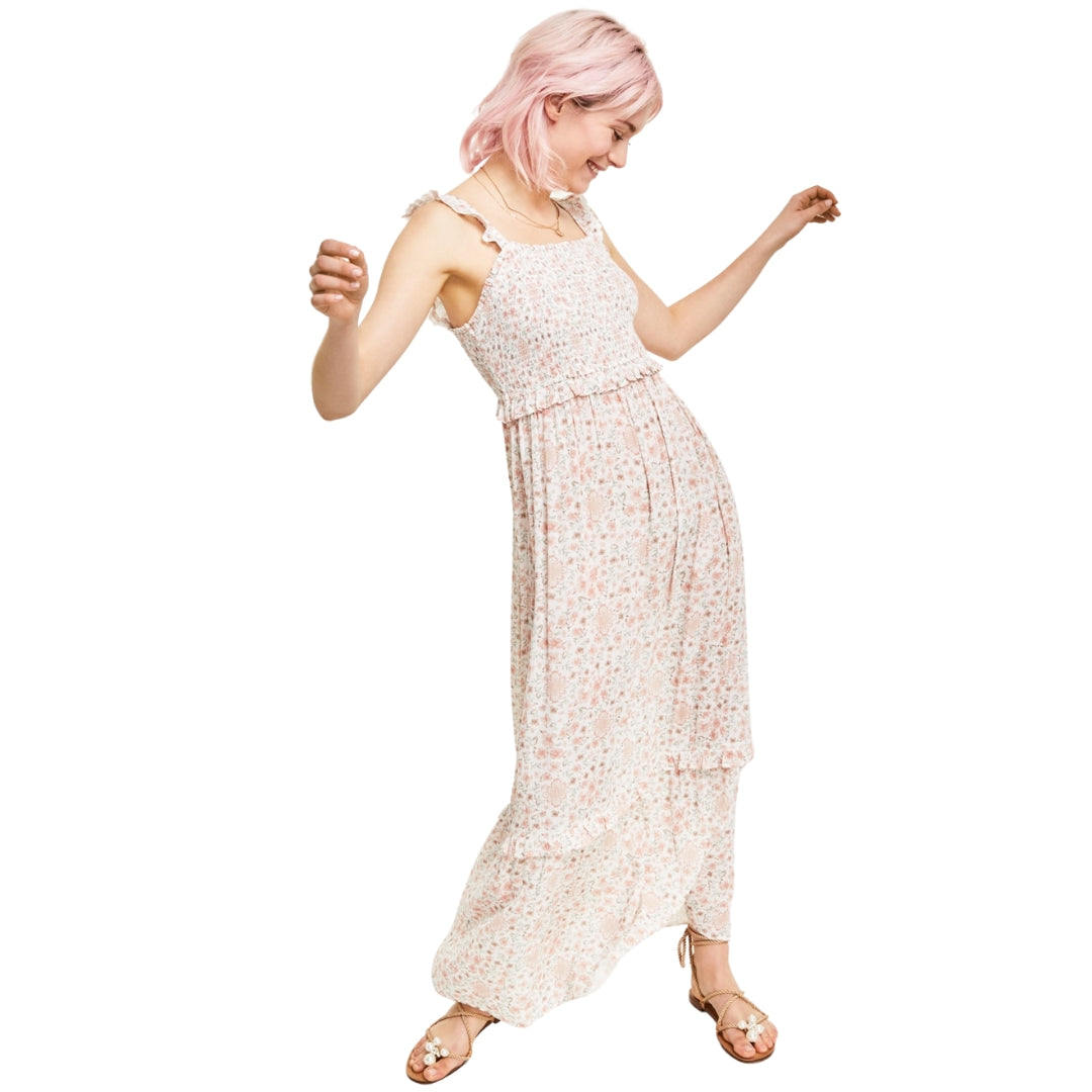 HIPPIE ROSE - Smocked Ruffle-Trim Sleeveless Maxi Dress