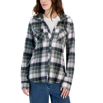 JUST POLLY - Plaid Sherpa Hooded Button-up Shacket