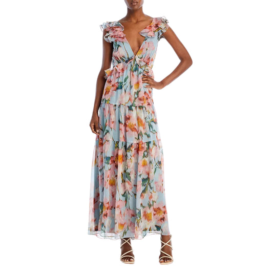 AQUA - Floral Print Ruffle Maxi Dress