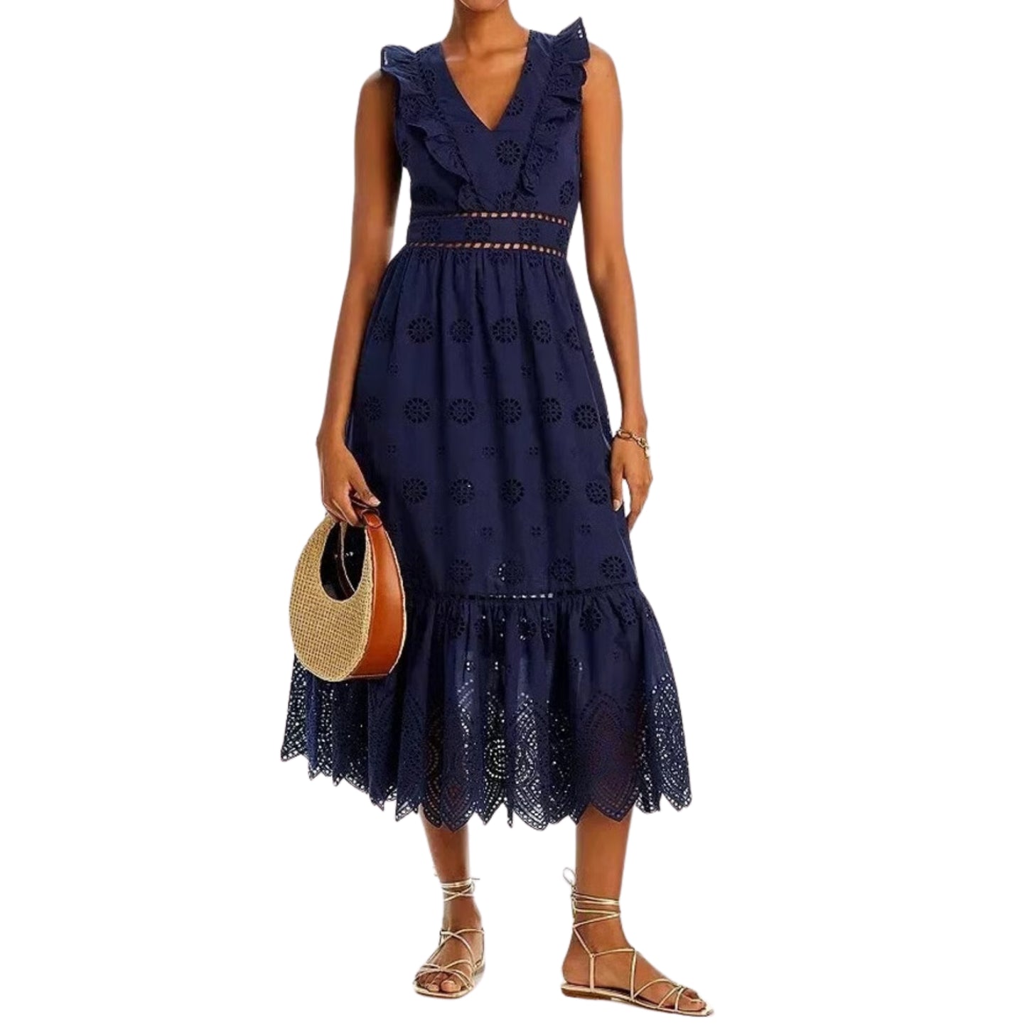 AQUA - Cotton Sleeveless Eyelet Midi Dress