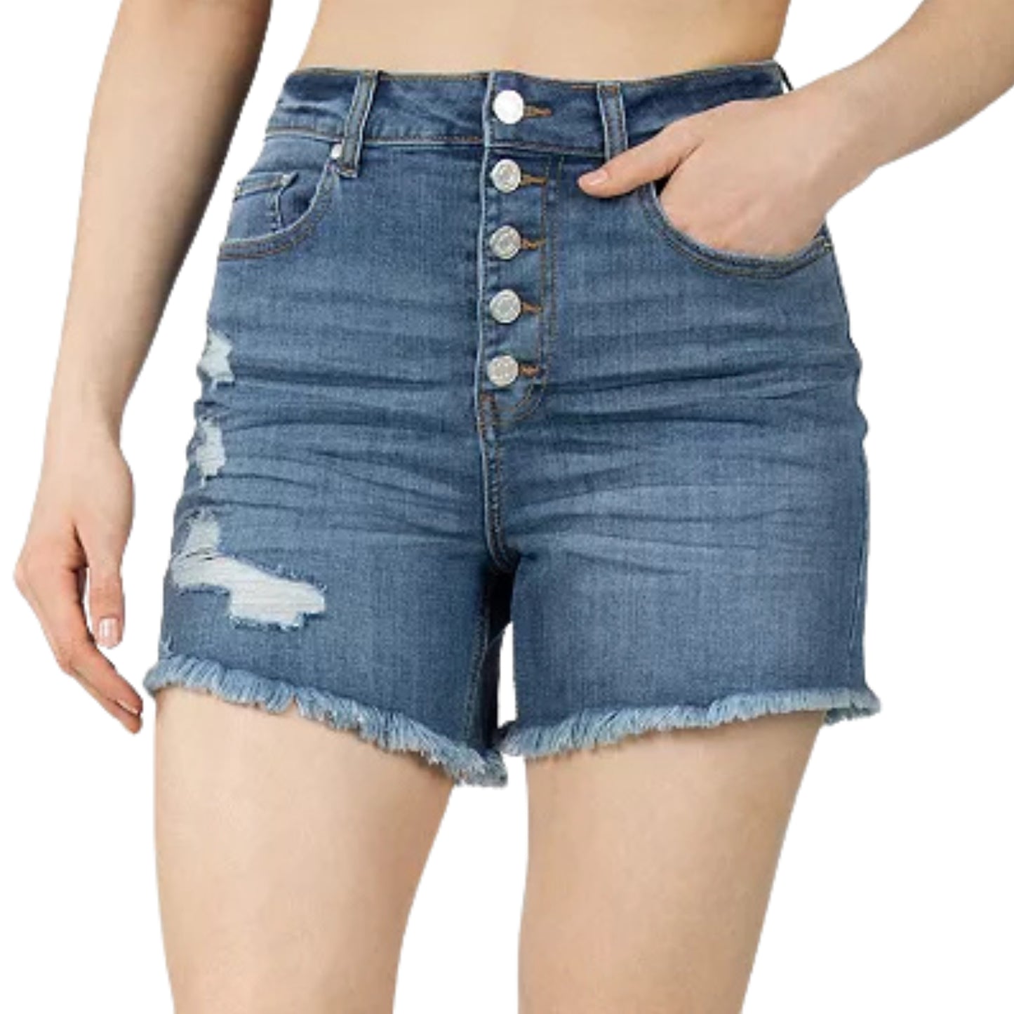 INDIGO REIN - Exposed-Button Fly Jean Shorts