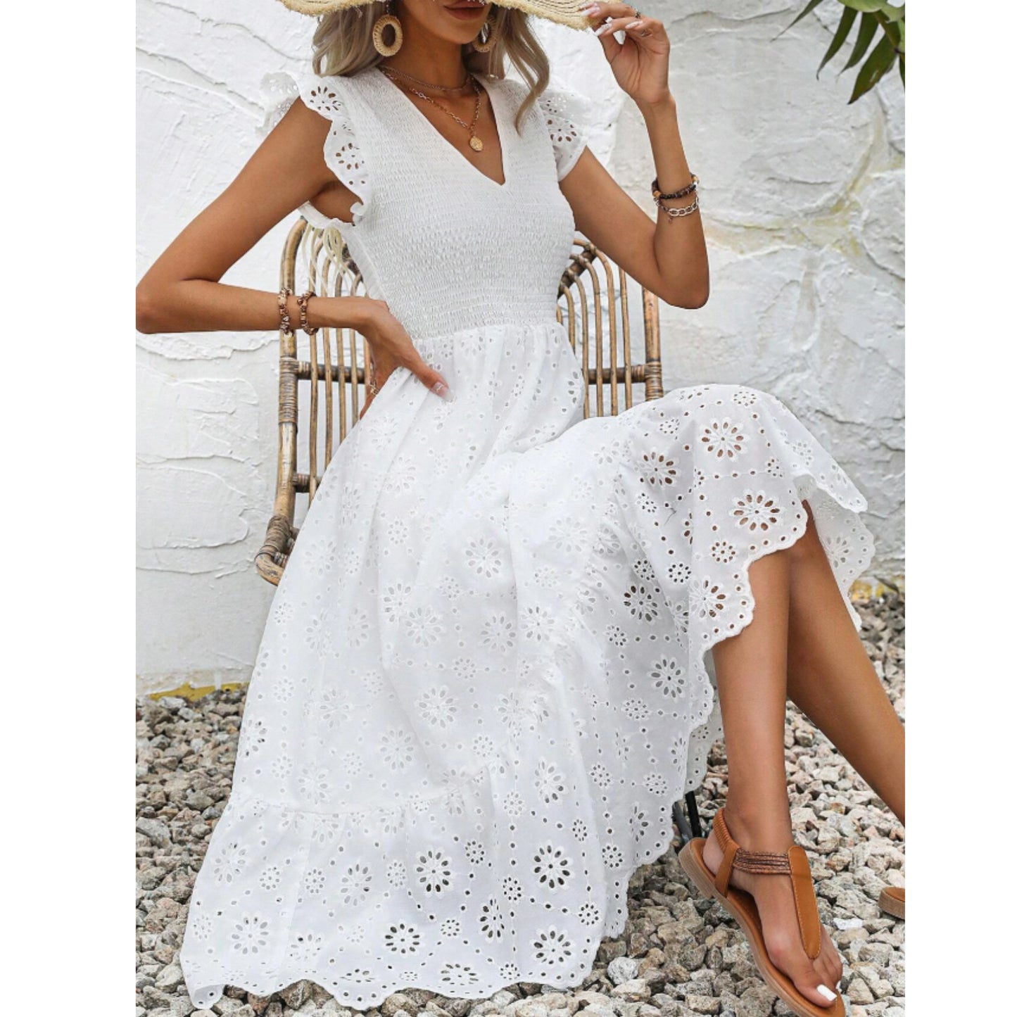 SHEIN - Eyelet Embroidery Ruffle Trim Dress