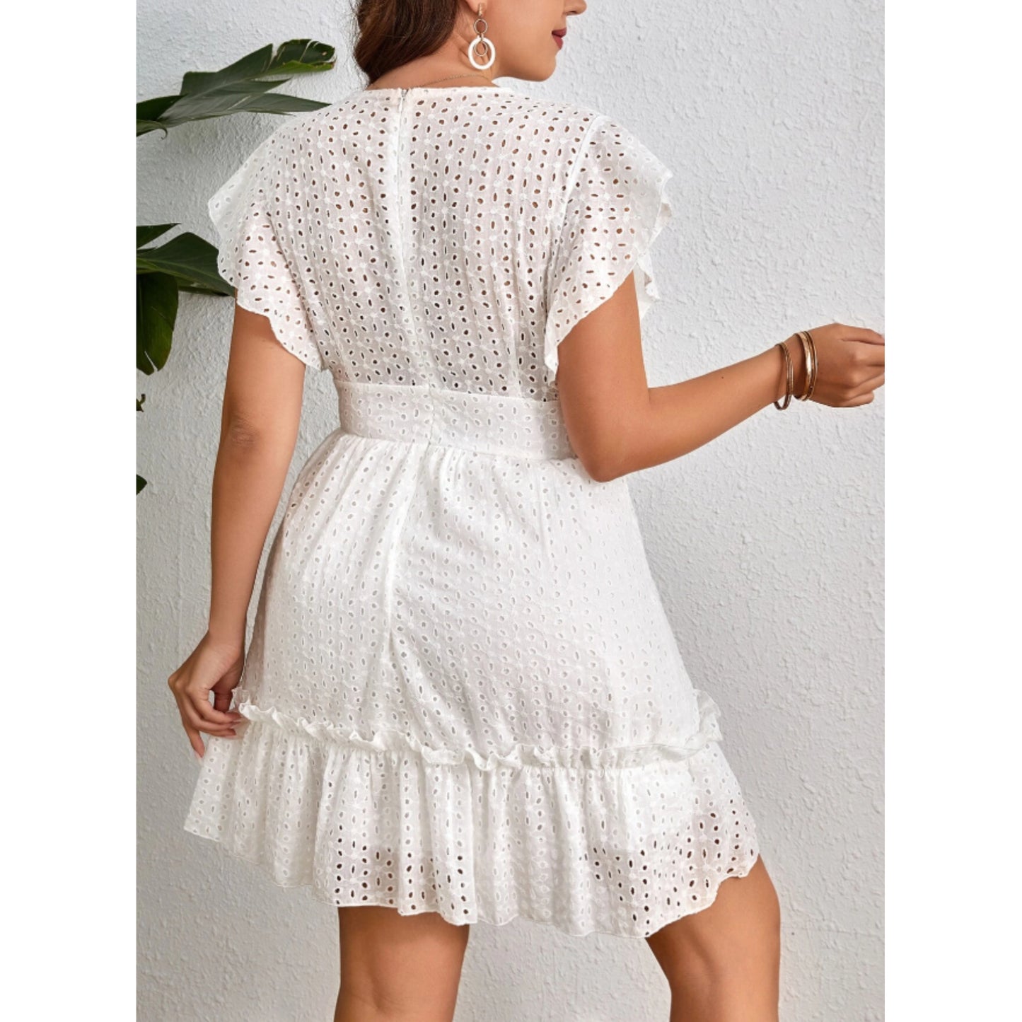 SHEIN -  Embroidered Butterfly Sleeve Ruffle Hem Short Sleeve