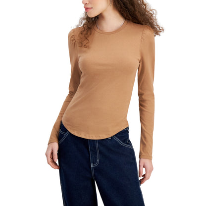 DEREK HEART - Crewneck Puff-Shoulder Long-Sleeve Top