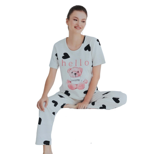 SEXEN Womens Pajama L / White SEXEN - Hearts All Over Pajama With Bear