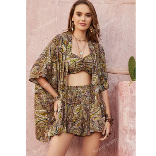 SHEIN Shein Women Sets M / Multi-Color / 28 SHEIN - 3pcs Bohemian Beachy Print Casual Set