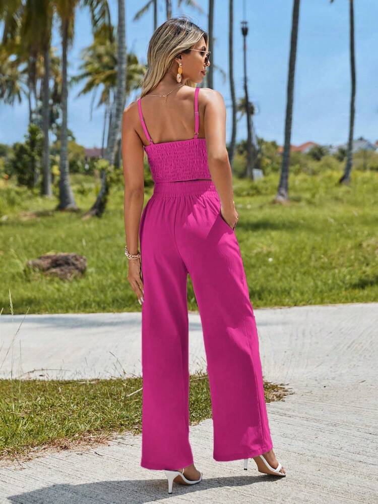 SHEIN Shein Women Sets M / Fuchsia / 28 SHEIN - Break Solid Cami Top & Wide Leg Pants Two Piece