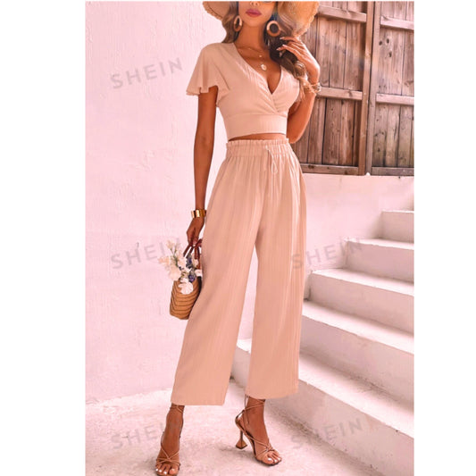 SHEIN Shein Women Sets S / Beige SHEIN - Butterfly Sleeve Crop Top & Paperbag Waist Trousers Set