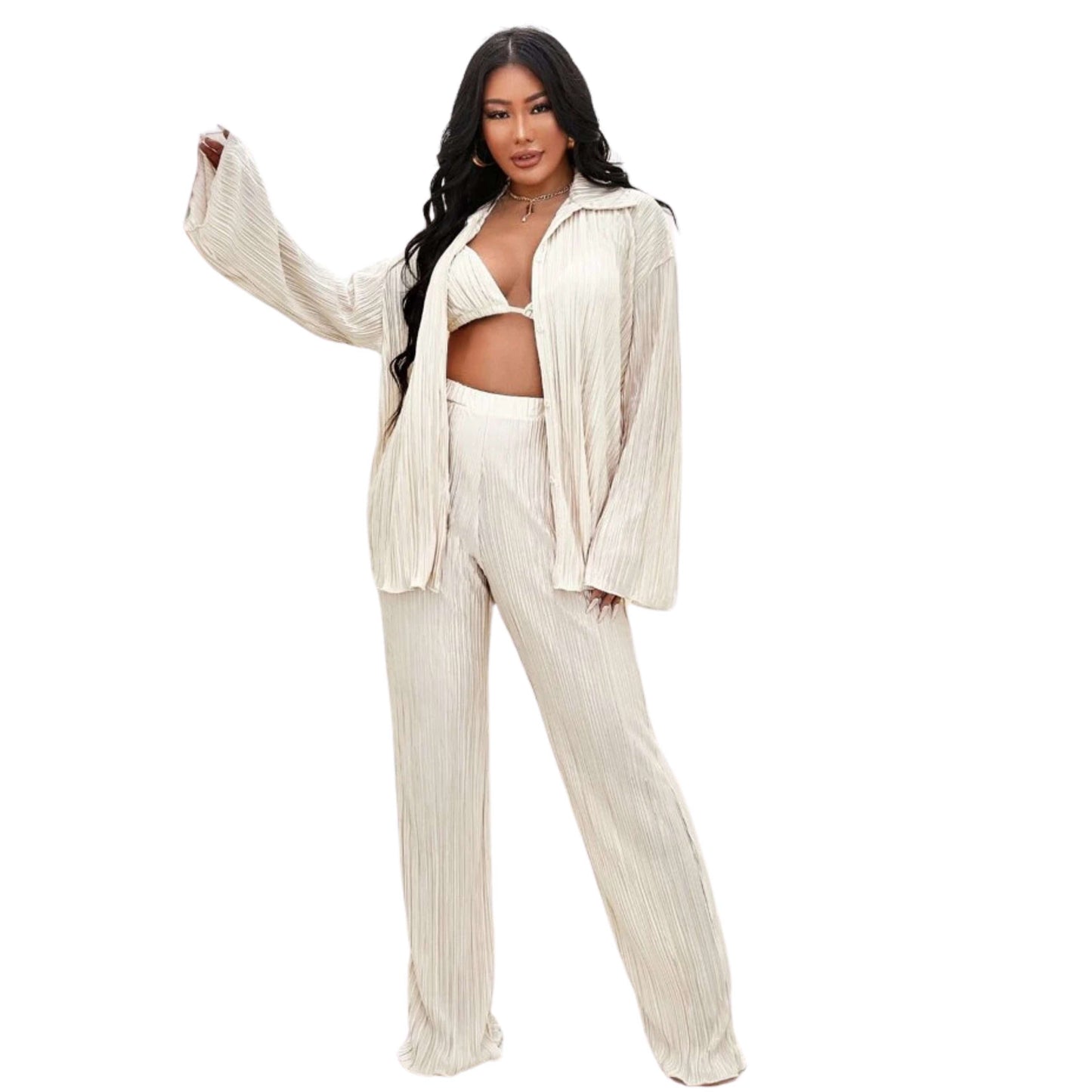 SHEIN Shein Women Sets M / Off-White / 38 SHEIN - Button Front Lettuce Trim Shirt & Flare Leg Pants With Bra