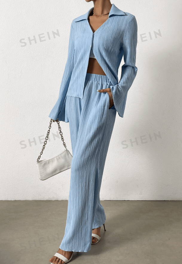 SHEIN Shein Women Sets L / Blue SHEIN - Button Front Lettuce Trim Shirt & Wide Leg Pants Set