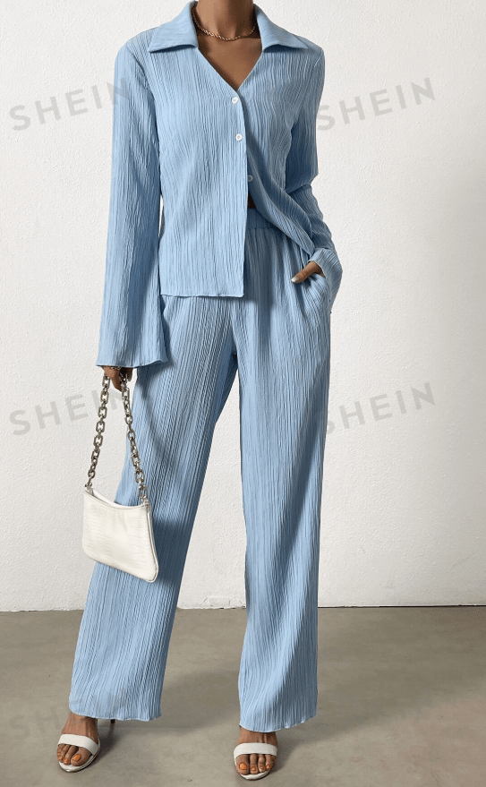 SHEIN Shein Women Sets SHEIN - Button Front Lettuce Trim Shirt & Wide Leg Pants Set