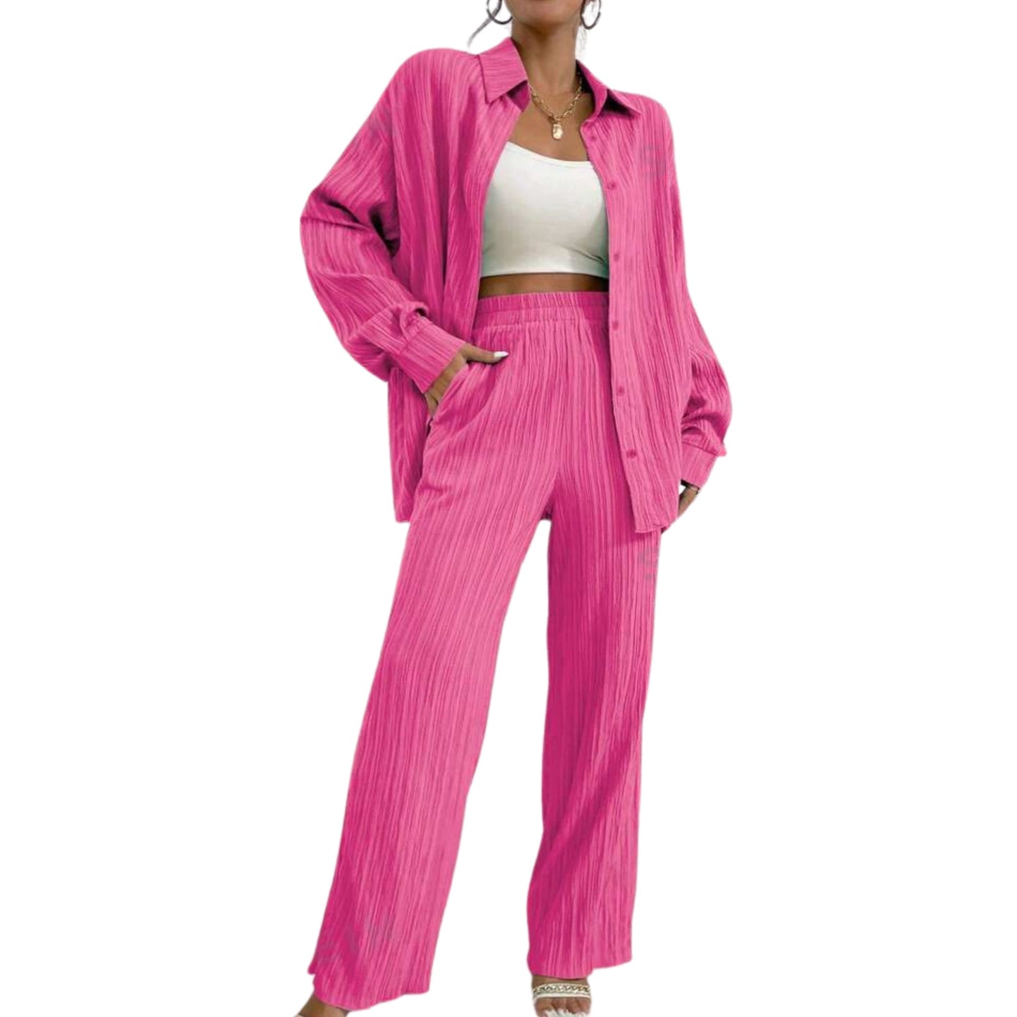 SHEIN Shein Women Sets S / Pink SHEIN -  Drop Shoulder Shirt & Pants