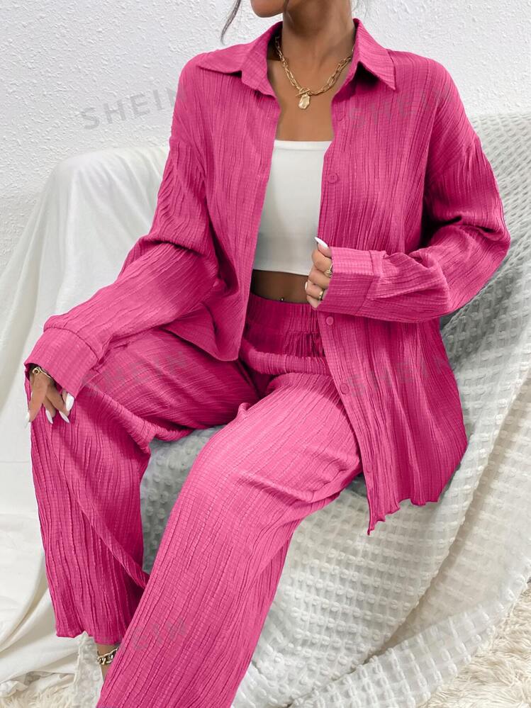 SHEIN Shein Women Sets S / Pink SHEIN -  Drop Shoulder Shirt & Pants