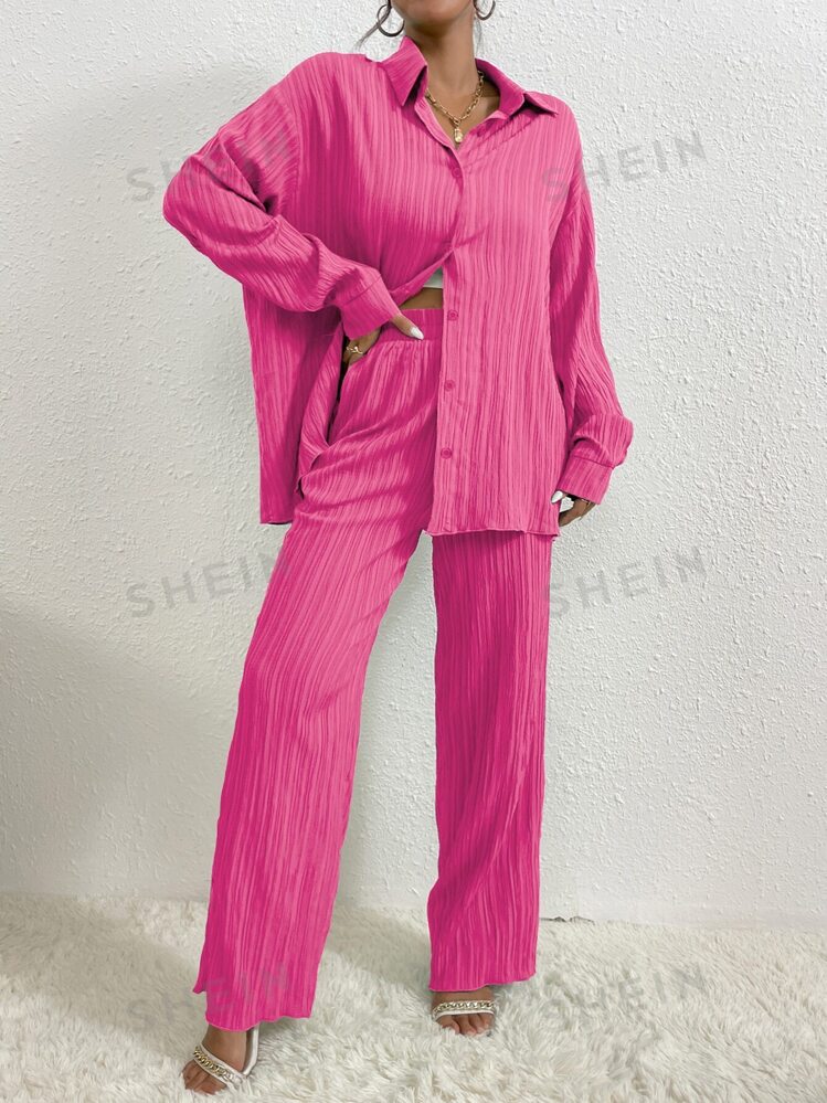 SHEIN Shein Women Sets S / Pink SHEIN -  Drop Shoulder Shirt & Pants