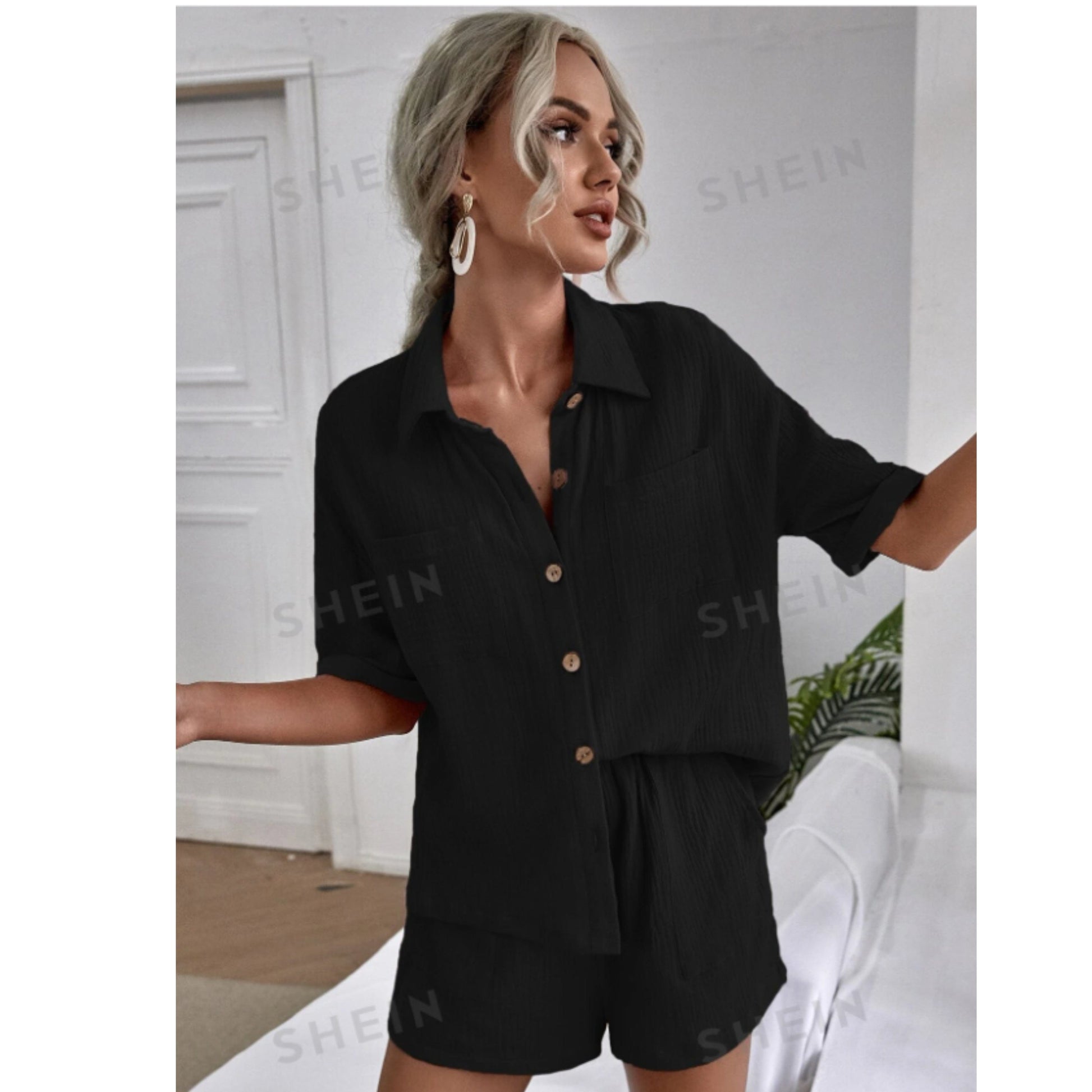 SHEIN Shein Women Sets XL / Black / 44 SHEIN - Dual Pocket Shirt & Shorts Set