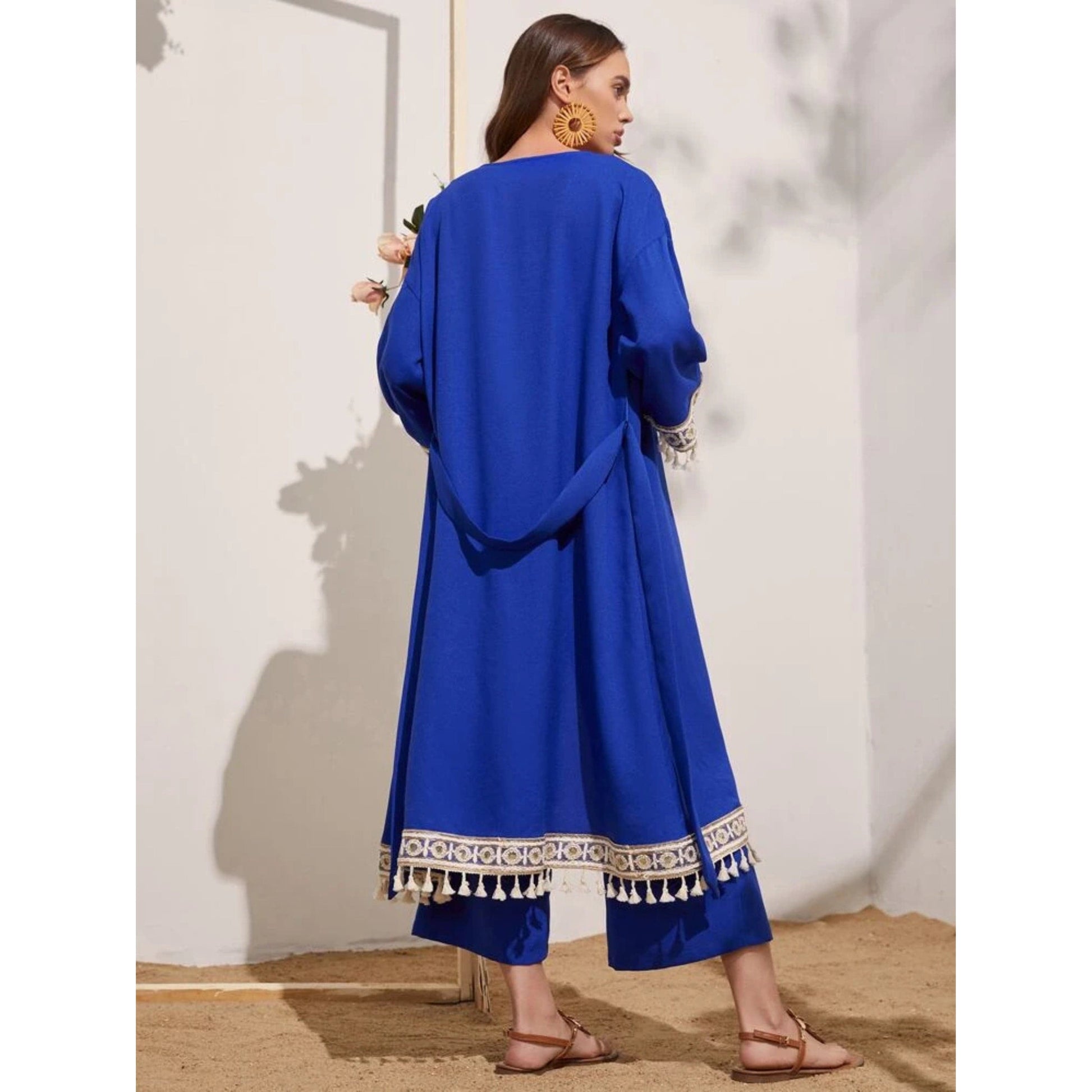 SHEIN Shein Women Sets M / Blue SHEIN - Embroidered Tape and Tassel Trim Abaya and Palazzo Pants Set