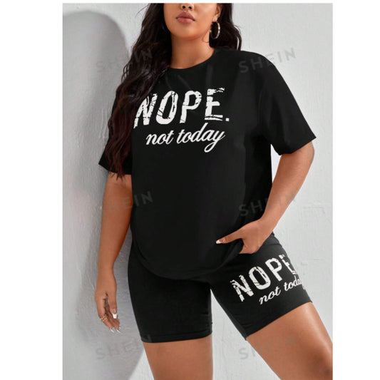 SHEIN Shein Women Sets XXXL / Black / 40 SHEIN - EZwear Plus Slogan Graphic Drop Shoulder Tee & Cycling Shorts