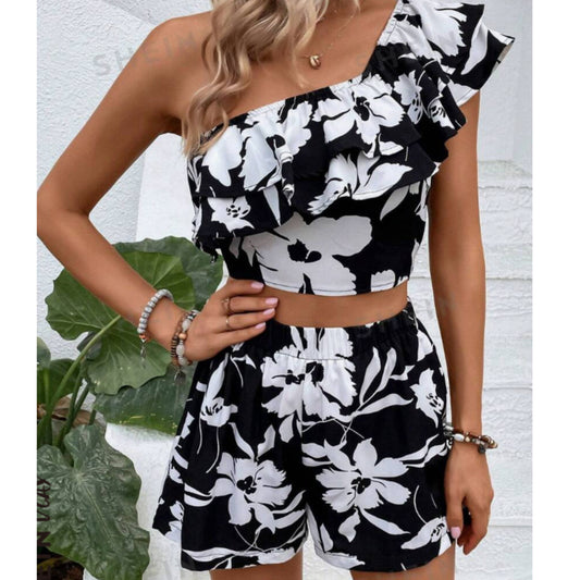 SHEIN Shein Women Sets L / Multi-Color / 40 SHEIN - Floral Print One Shoulder Ruffle Trim Top & Shorts Set