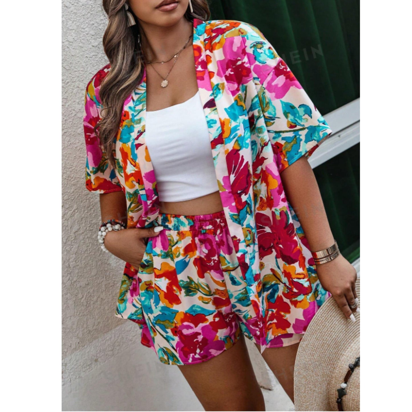 SHEIN Shein Women Sets XXL / Multi-Color / 36 SHEIN - Floral Print Open Front Blouse & Shorts Set