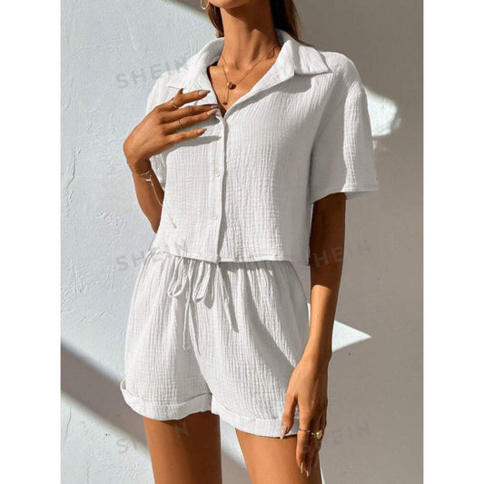 SHEIN Shein Women Sets M / White SHEIN - Frenchy Solid Button Front Shirt & Tie Front Paperbag Waist Shorts