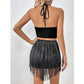 SHEIN Shein Women Sets L / Black / 40 SHEIN - Glamine Fringe Trim Backless Halter Top & Shorts Set