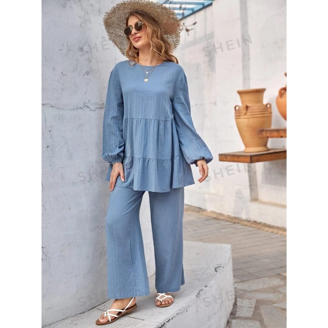 SHEIN Shein Women Sets XS / Blue SHEIN - Mulvari Pleated Lantern Sleeve Top and Palazzo Pants Set