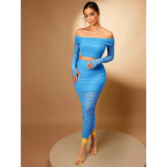 SHEIN Shein Women Sets S / Blue / 36 SHEIN - Off Shoulder Crop Top & Ruched Pencil Skirt set