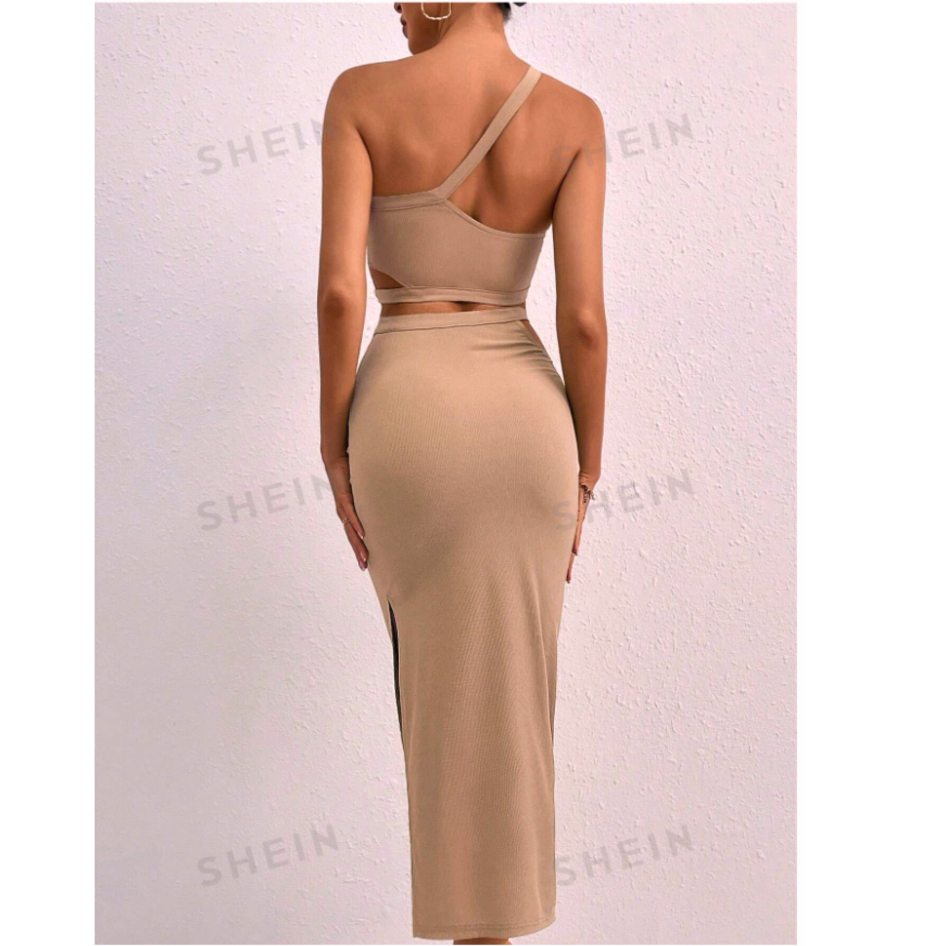 SHEIN Shein Women Sets S / Beige / 36 SHEIN - One Shoulder Crop Top & Split Thigh Skirt Set