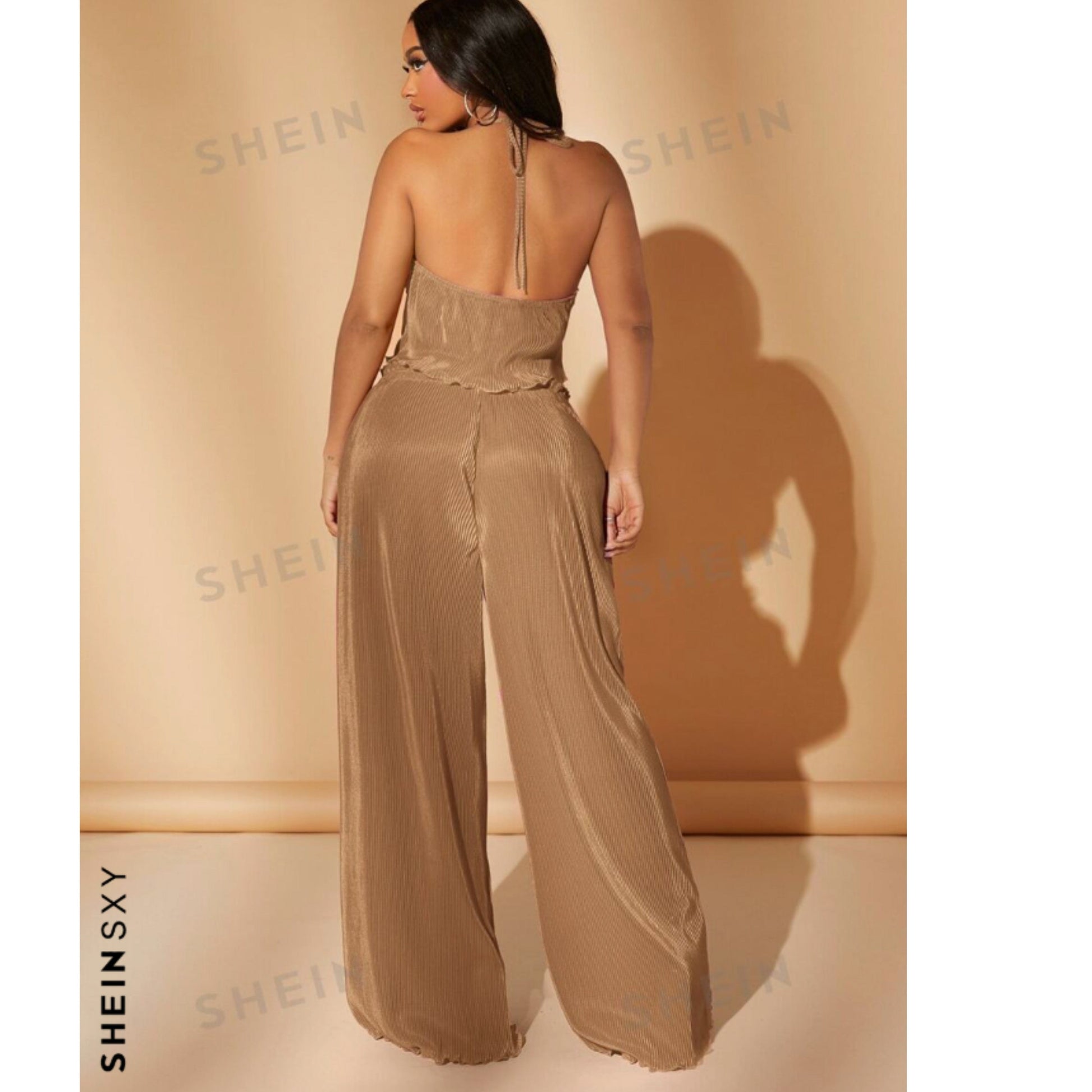 SHEIN Shein Women Sets L / Bronze / 40 SHEIN - Open Back Crop Halter Top & Wide Leg Extra Long Trousers Set