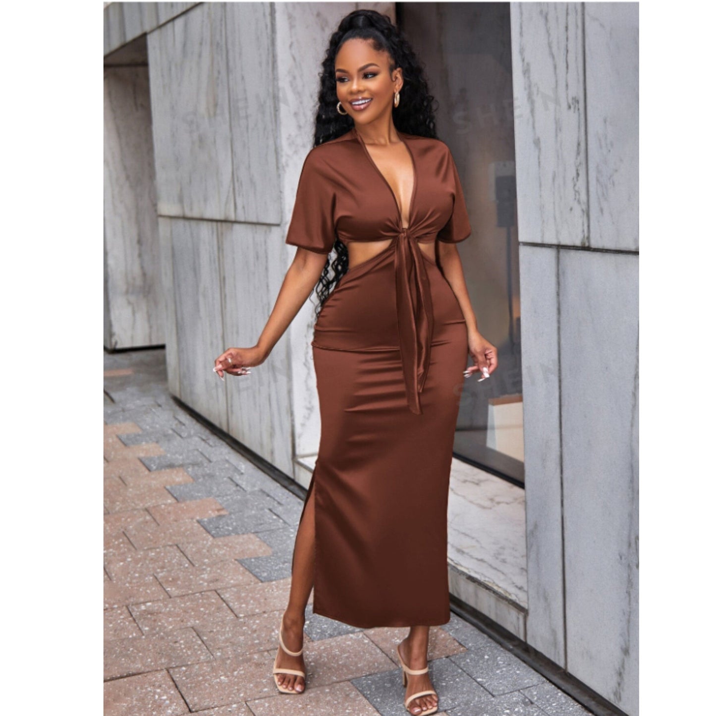 SHEIN Shein Women Sets L / Brown / 40 SHEIN - Plunging Neck Tie Front Satin Top & Split Skirt set