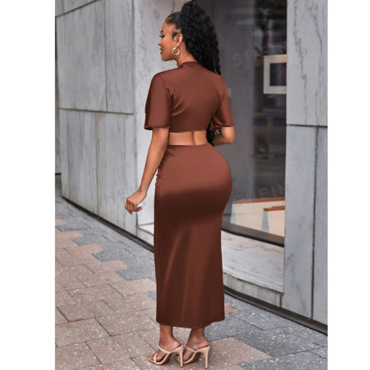 SHEIN Shein Women Sets L / Brown / 40 SHEIN - Plunging Neck Tie Front Satin Top & Split Skirt set