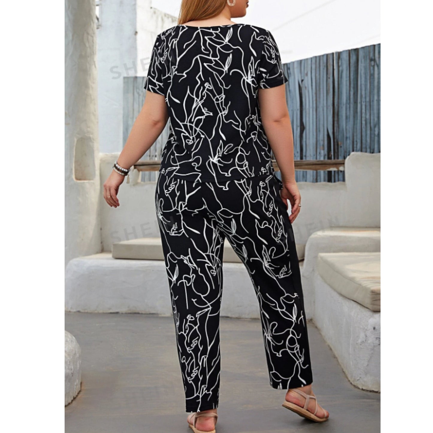 SHEIN Shein Women Sets XXXXXXL / Multi-Color / 43 SHEIN - Plus Allover Print Notched Neck Top & Trousers Set