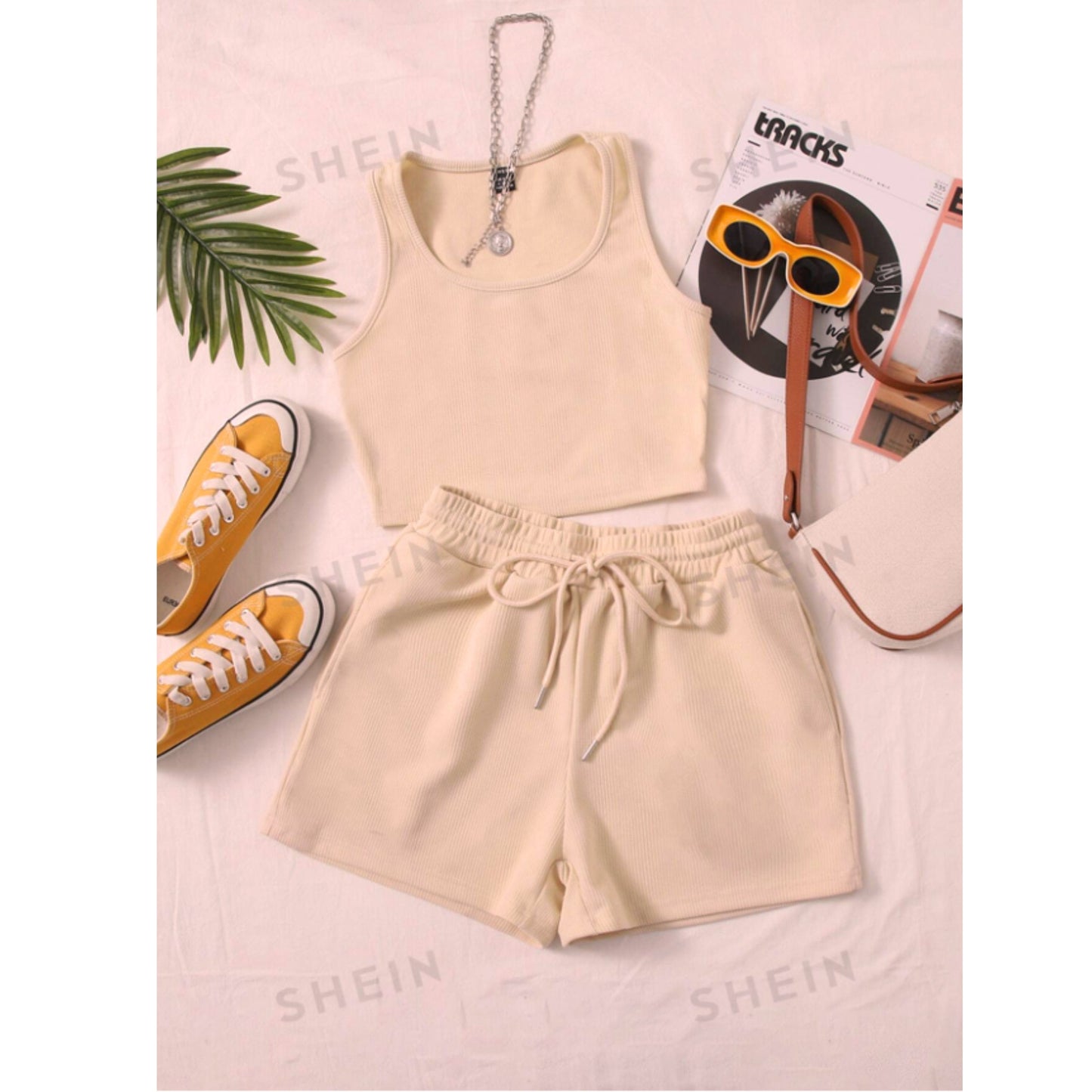 SHEIN Shein Women Sets XS / Beige / 34 SHEIN - Scoop Neck Tank Top And Track Shorts Set