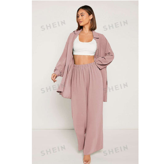 SHEIN Shein Women Sets L / Pink / 40 SHEIN - Shirt & Wide Leg Pants Set