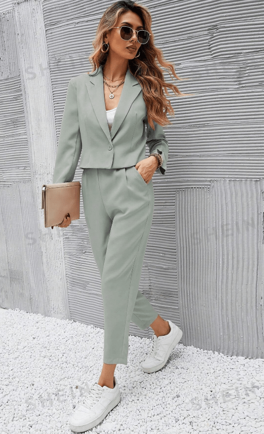 SHEIN Shein Women Sets SHEIN - Short Blazer Jacket And Pleated Front Pocket Straight Leg Pants Suit