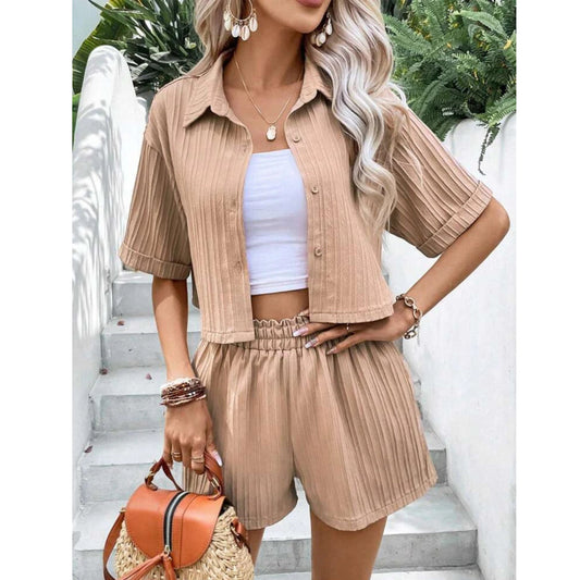 SHEIN Shein Women Sets S / Beige SHEIN - Solid Button Front Shirt & Shorts Set