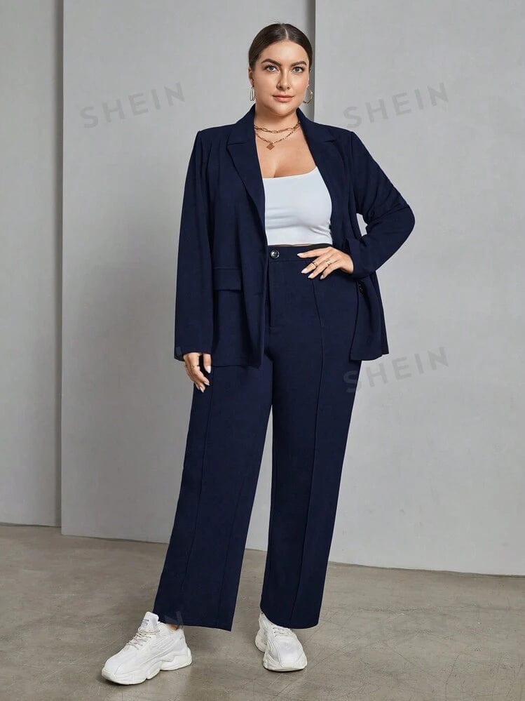 SHEIN Shein Women Sets L / Navy / 40-42 SHEIN -  Solid Color Basic Long Sleeve Blazer And Pants Suit