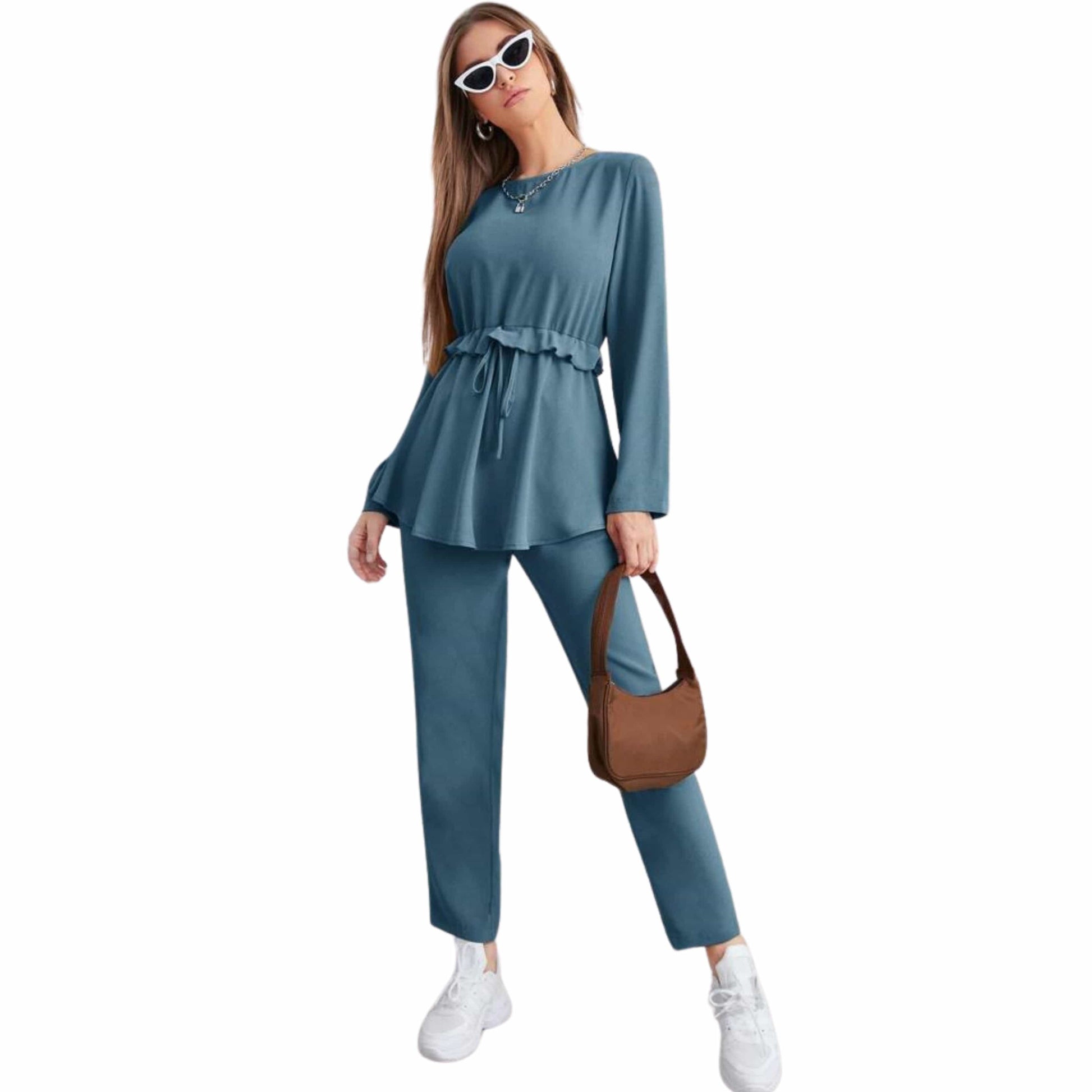 SHEIN Shein Women Sets S / Blue SHEIN - Solid Ruffle Trim Knot Top & Straight Leg Pants