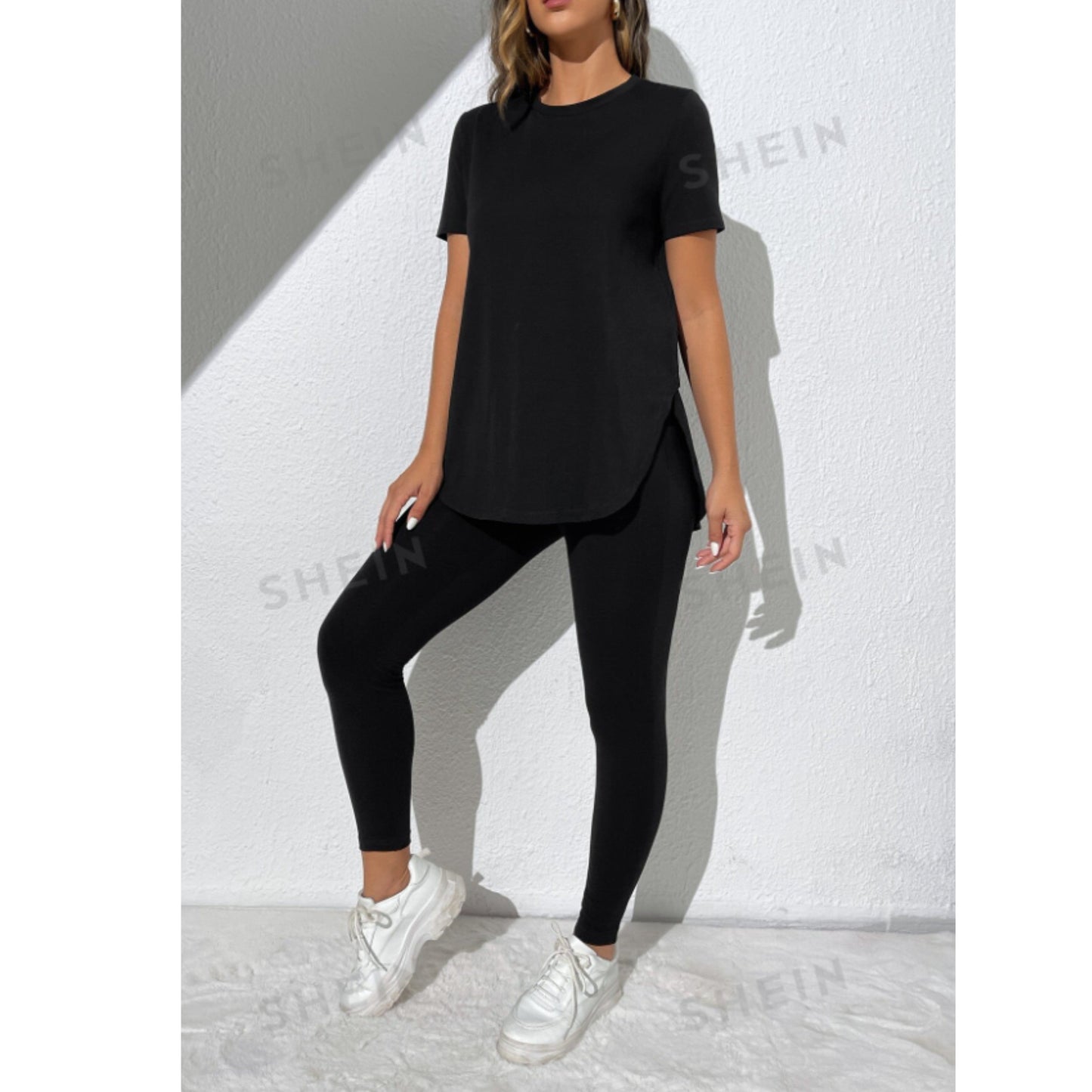 SHEIN Shein Women Sets S / Black / 36 SHEIN - Split Side Tee & Leggings Set