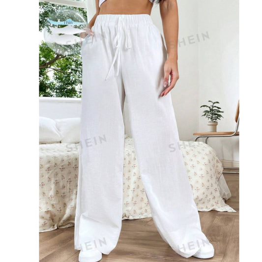 SHEIN Shein Womens Bottoms XS / White / 34 SHEIN - EZwear Solid Knot Waist Wide Leg pants