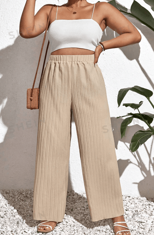 SHEIN Shein Womens Bottoms XXXXL / Beige / 44 SHEIN - Frenchy Plus Solid Plisse Wide Leg Pant