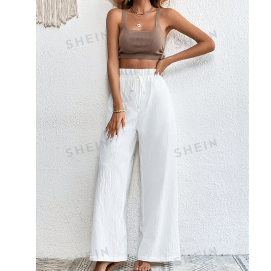 SHEIN Shein Womens Bottoms XS / White / 34 SHEIN - High Waist Drawstring Wide Leg Pants