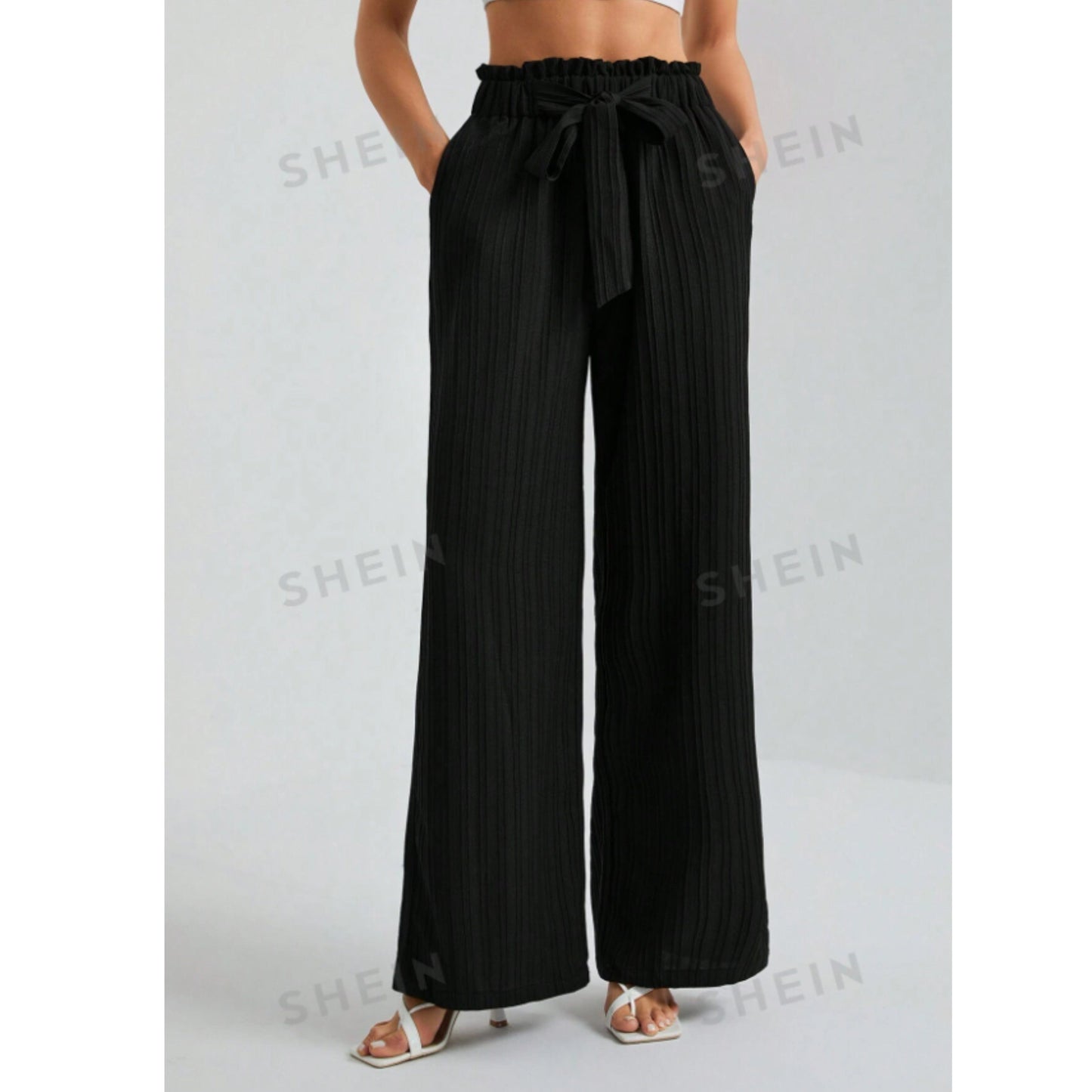 SHEIN Shein Womens Bottoms S / Black / 36 SHEIN - Paperbag Waist Belted Wide Leg pants