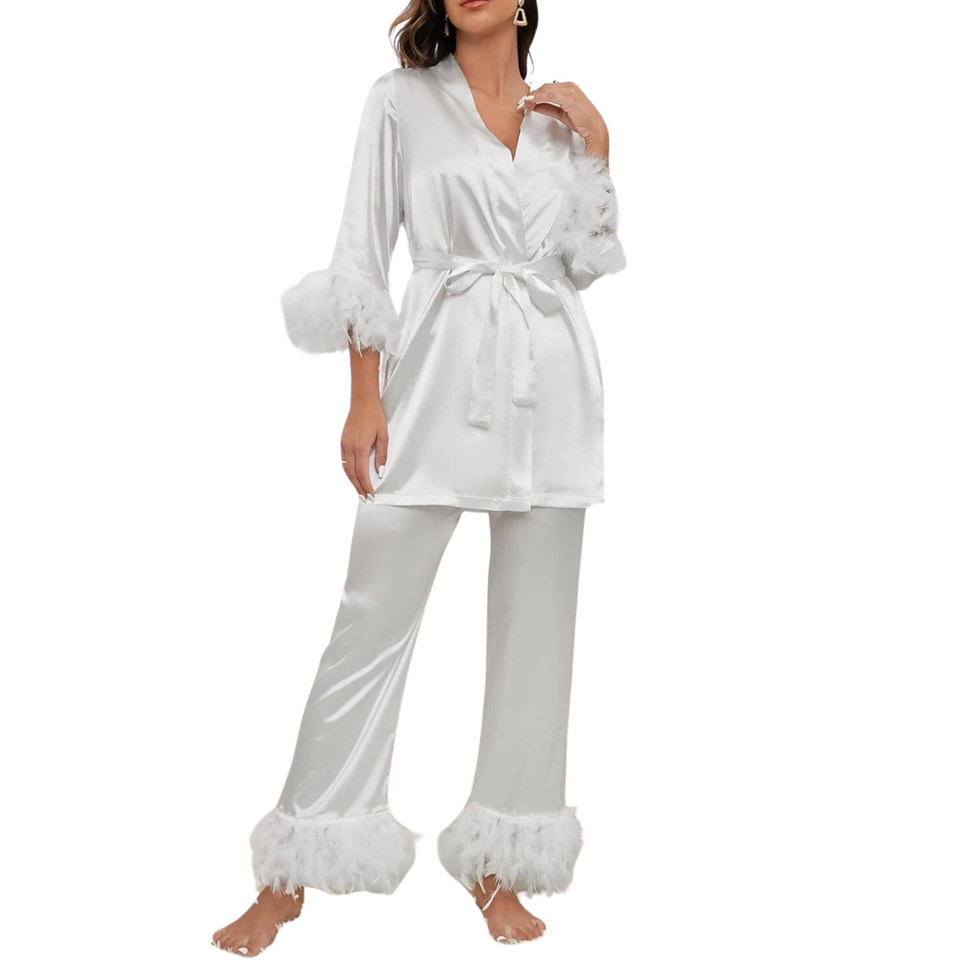 SHEIN Shein Womens Pajama M / White SHEIN - Fluffy Striped Satin Belt Pajama Set