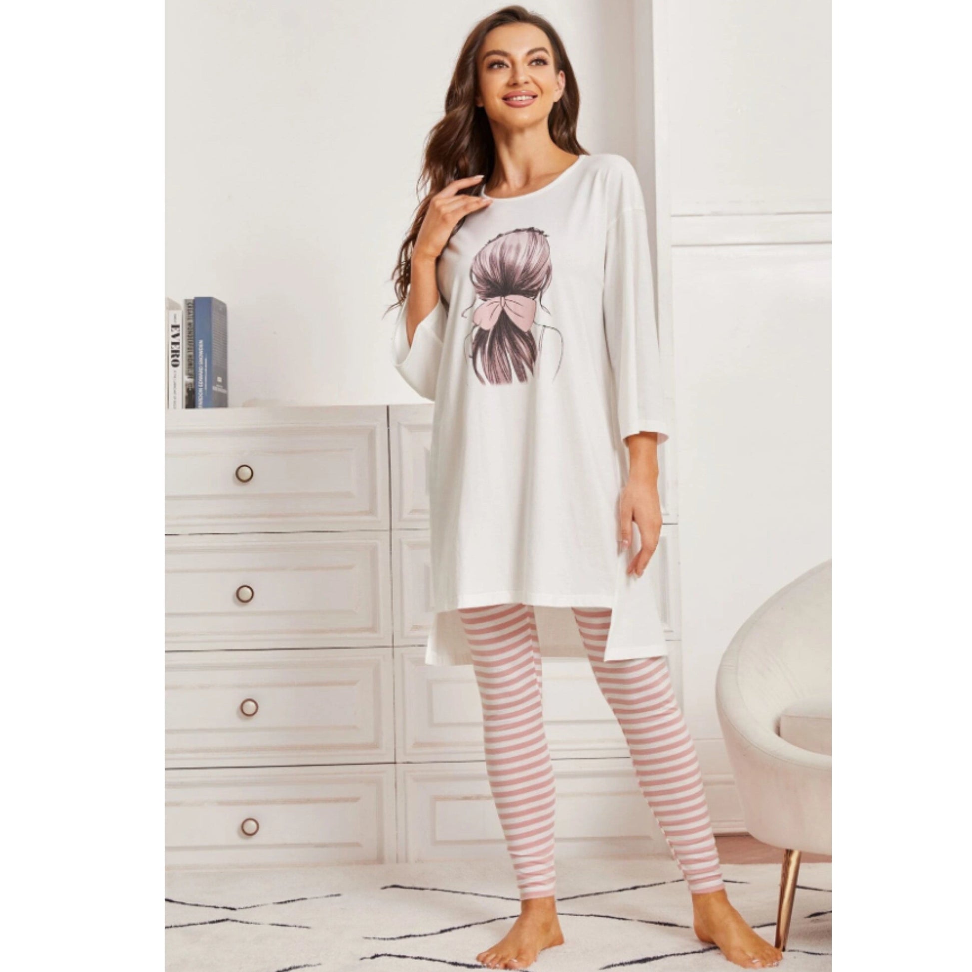 SHEIN Shein Womens Pajama S / Multi-Color / 36 SHEIN -  Graphic T-shirt & Striped Leggings Pajama Set