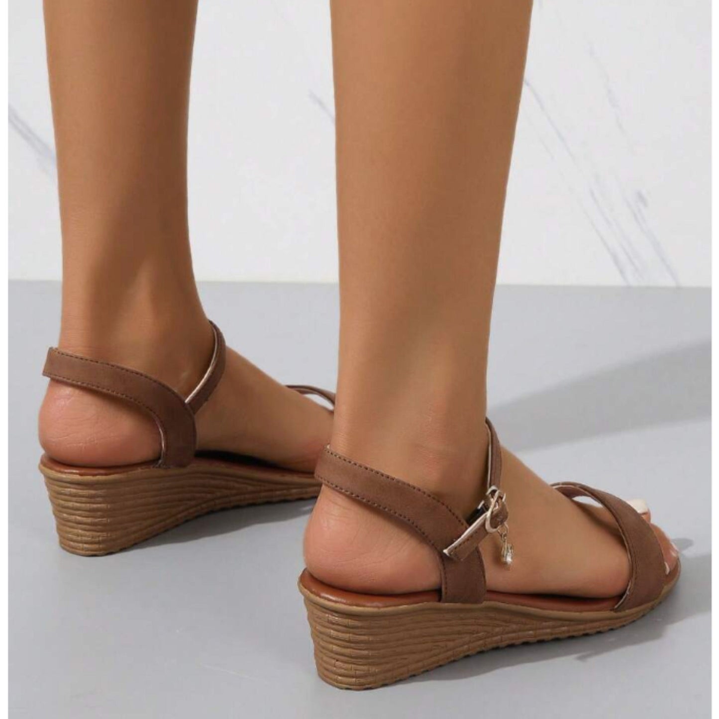 SHEIN Shein Womens Shoes 39 / Brown SHEIN - Elegant Ankle Strap Wedge Sandals