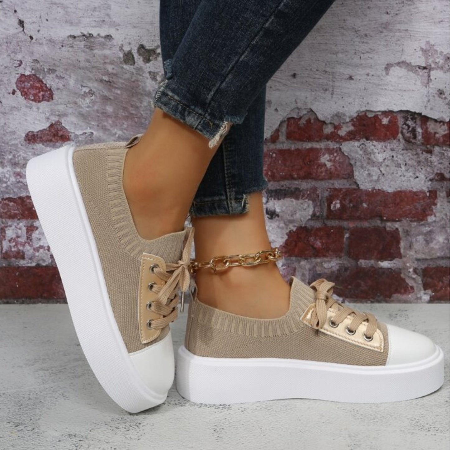 SHEIN Shein Womens Shoes 38 / Beige SHEIN - Lace up platform sneakers